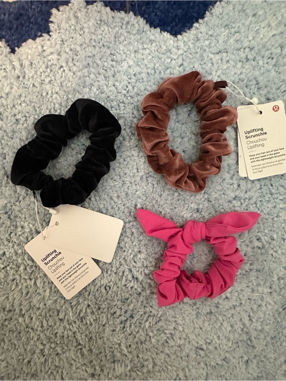 lululemon athletica Uplifting Scrunchies Trio — Black, Dusty Rose, Fuchsia